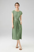 Designer Inspired Pleated Cap-Sleeve Dress with Belt