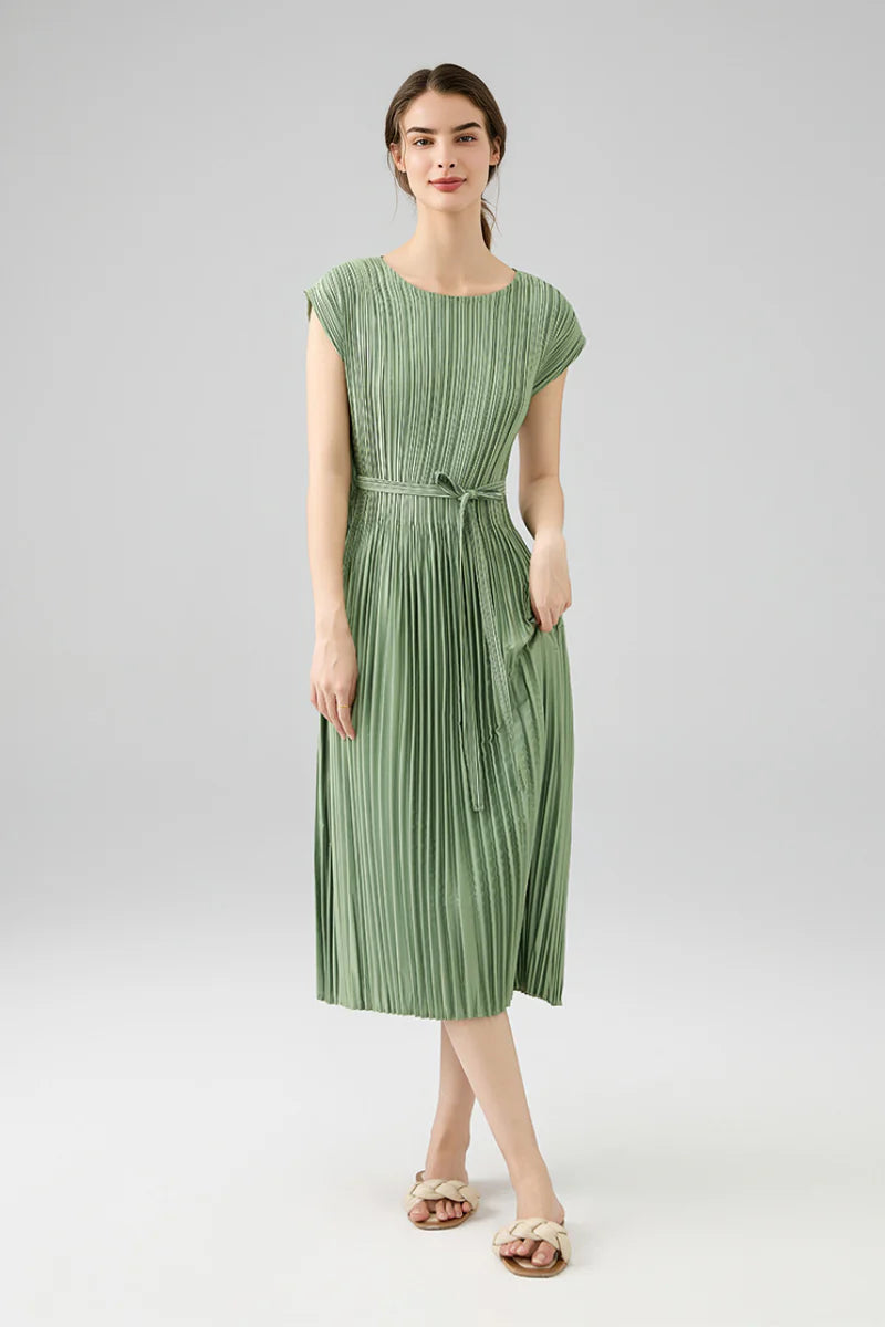 Designer Inspired Pleated Cap-Sleeve Dress with Belt