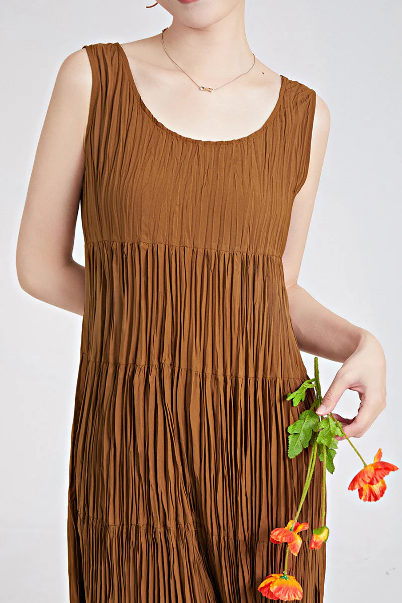 Designer Inspired Pleated Flowy Sleeveless Midi Dress