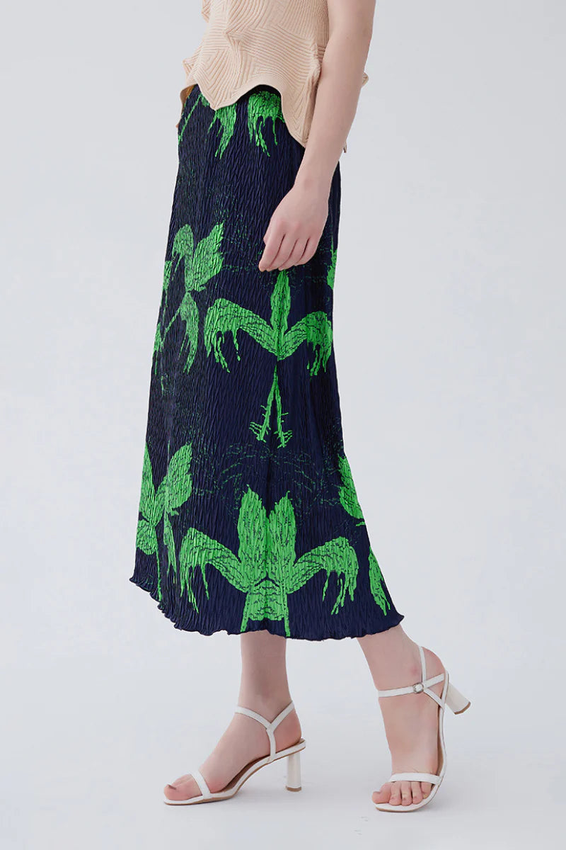 Designer Inspired Pleated Leaf Print Straight Midi Skirt