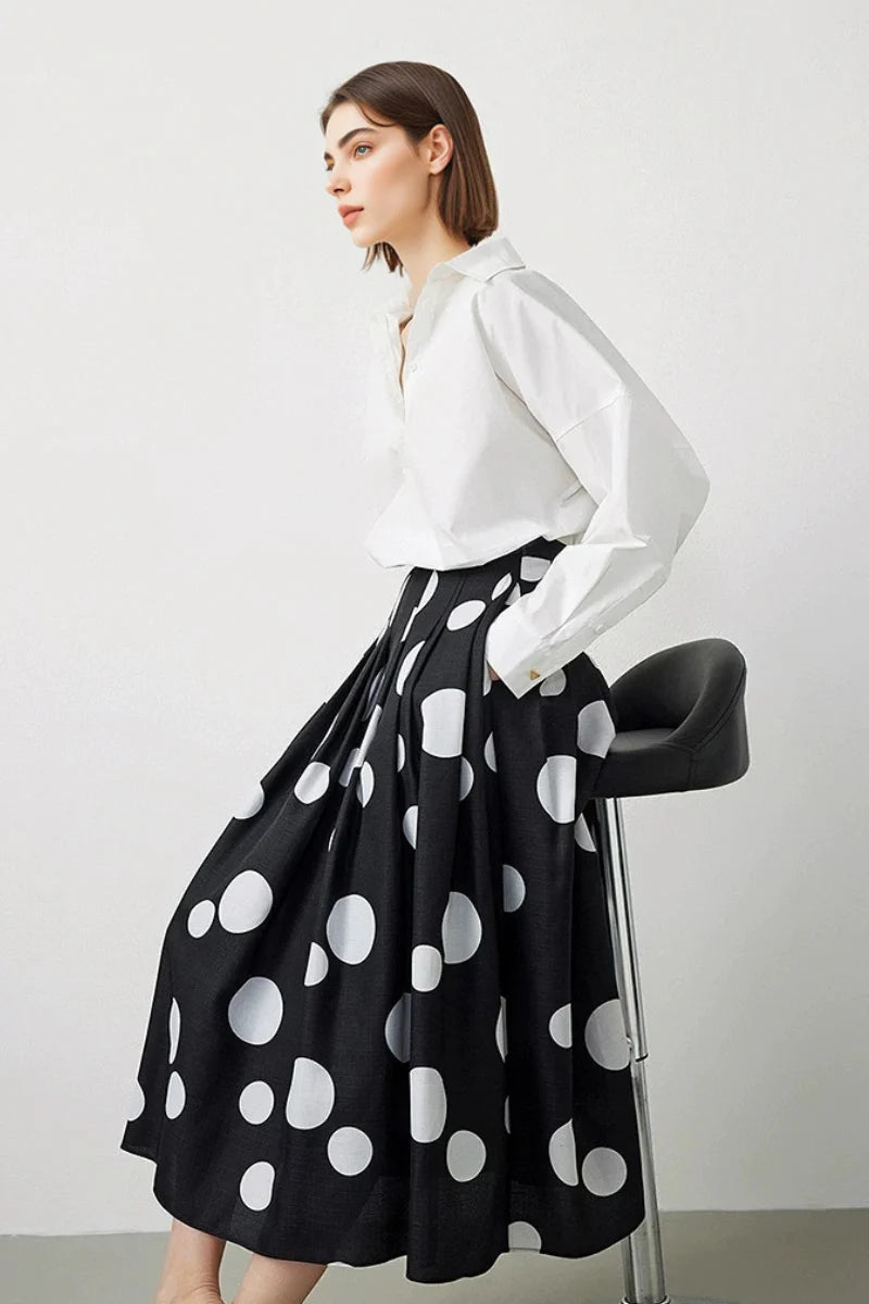 Black Pleated Polka Dot A-Line Midi Skirt with Pockets