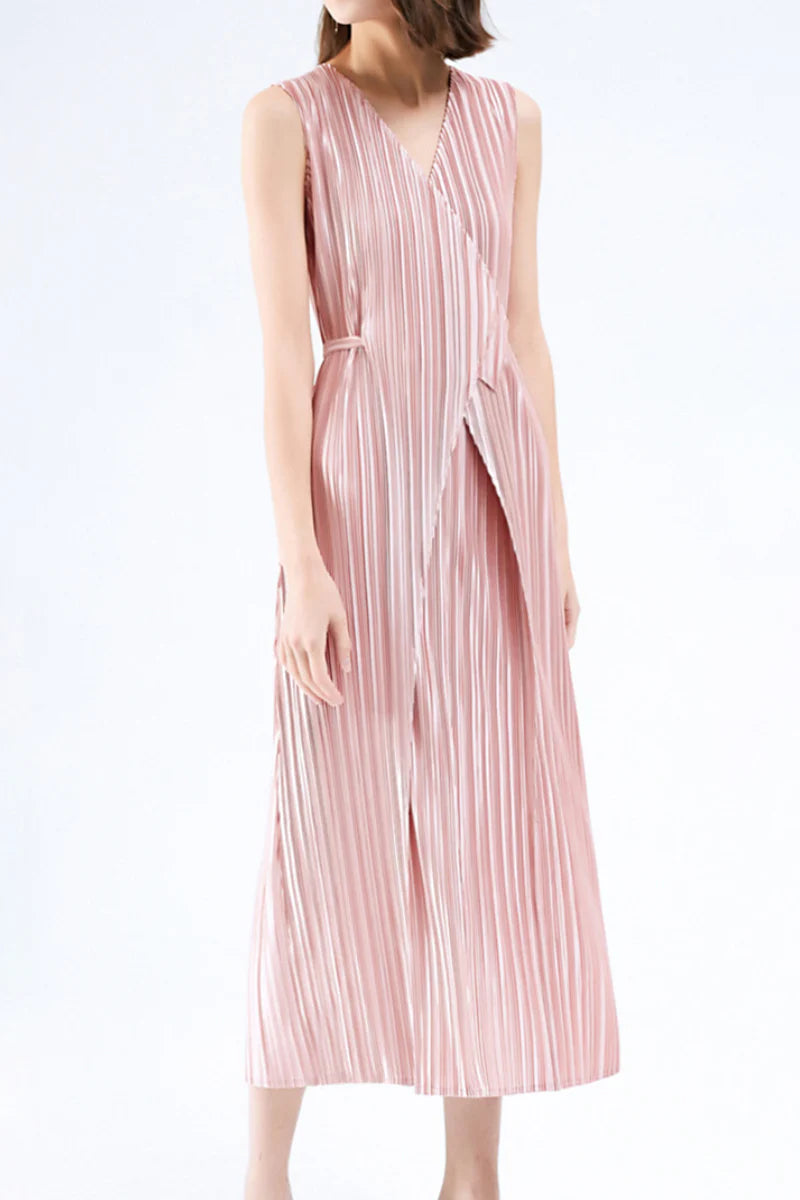 Designer Inspired Pleated Sleeveless Wrap Midi Dress in Pink